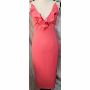 Bardot Ruffle Midi Sheath Dress Coral Pink Sleeveless Retro Formal